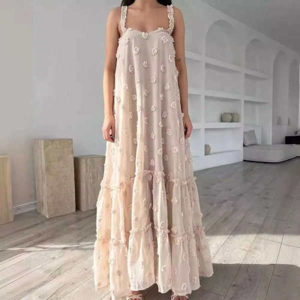 Pink Flower Maxi Dress Women Elegant Casual Loose Long Holiday Dresses Summer Solid Sleeveless Bohemia Party Dress 2024 Fashion For Sale - Image 4