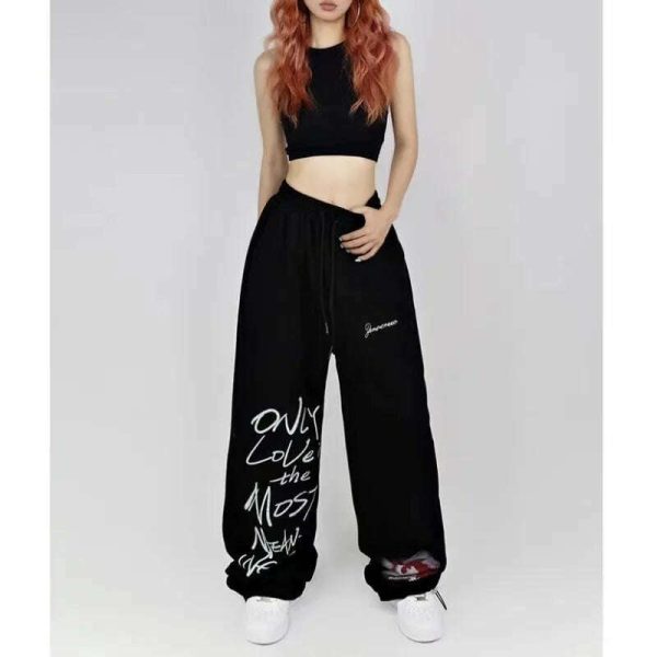 Black White Drawstring Design Sweatpants Women High Street Hip-hop Wide Leg Pants Women New Summer All-match Long Trousers Online now - Image 2