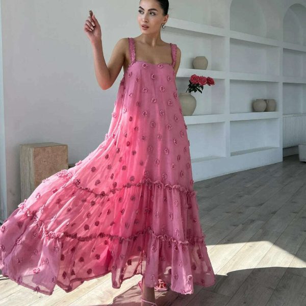 Pink Flower Maxi Dress Women Elegant Casual Loose Long Holiday Dresses Summer Solid Sleeveless Bohemia Party Dress 2024 Fashion For Sale