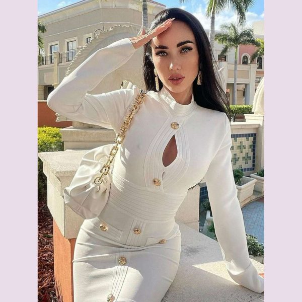 Adyce New Arrivals Women White Long Sleeve Bodycon Bandage Celebrity Party Dress Sexy Hollow Out Buttons Club Runway Dress 2024 For Sale - Image 5